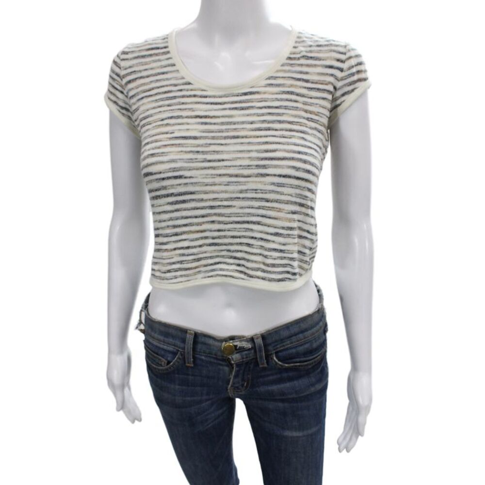 Gryphon New York Women Cropped T-Shirt Beige Striped Linen Short Sleeve Size XS
